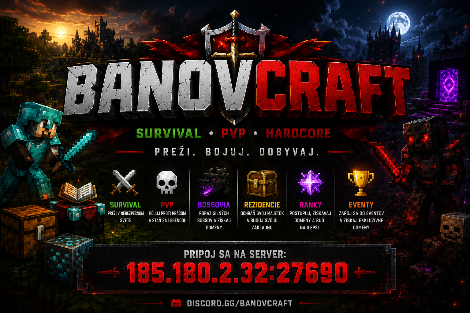 BANOVCRAFT • HARDCORE SURVIVAL • PVP • BOSSOVIA • EVENTY • MINIHRY thumbnail