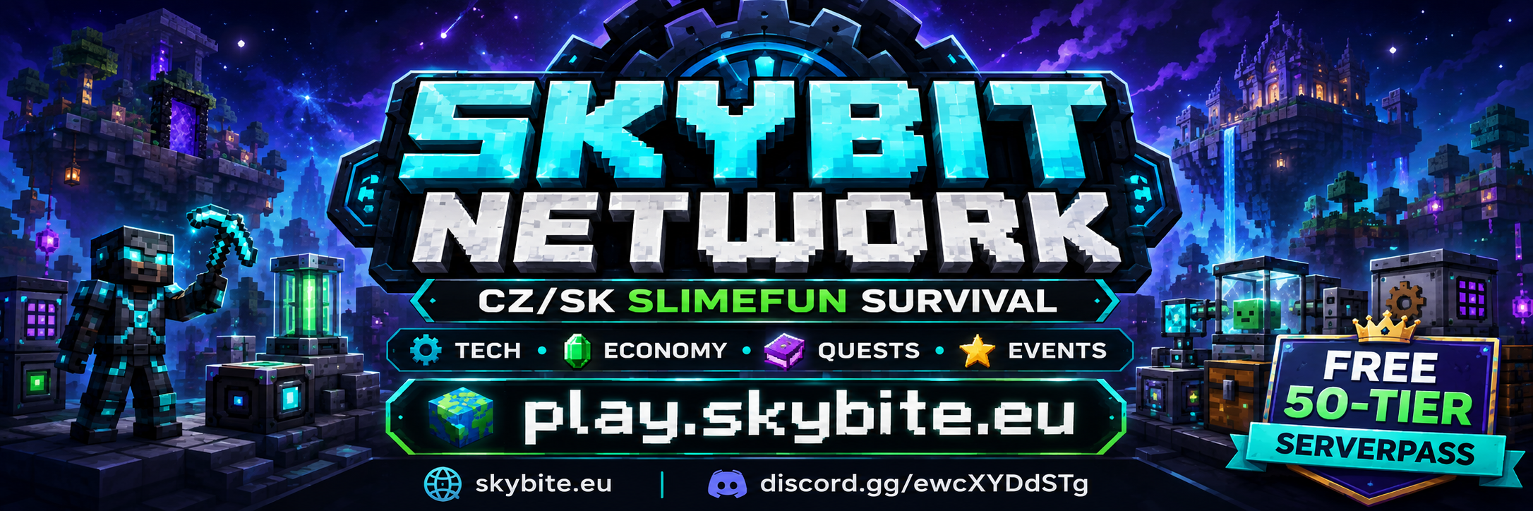 🌌 SkyBite | CZ/SK Slimefun Survival ⚙️ Technology • Economy • Quests • Events • FREE ServerPass 🎁 | play.skybite.eu banner